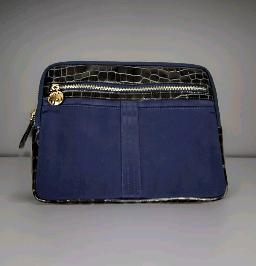 Brighton Nylon Leather Cosmetic Travel Case Clutch Pouch Bag Navy Silver Luxury